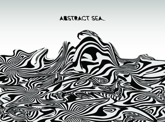 Wavy stormy abstract sea made of black and white liquid stripes. Abstract 3D geometrical background. Vector illustration.
