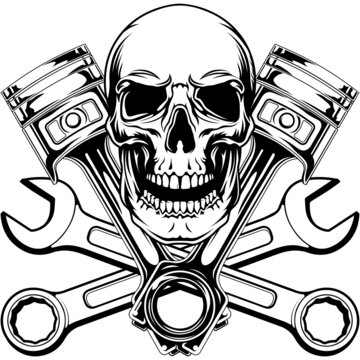 Mechanic logo SVG design with a skull, pistons, and crossed wrenches, Tattoo template