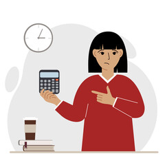 A sad woman holds a digital calculator in his hand and gestures, pointing with the finger of his other hand to the calculator.
