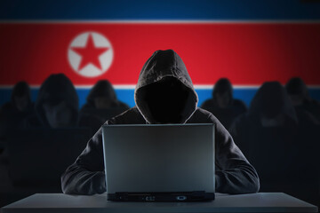 Many Korean hackers in troll farm. Security and cyber crime concept. - obrazy, fototapety, plakaty