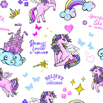 Cute Unicorn Seamless Pattern for textile  with glitter hearts. Abstract seamless pattern for girls.Creative  background for textile, prints, paper products, the Web. 