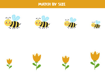 Matching game for preschool kids. Match bees and flowers by size.