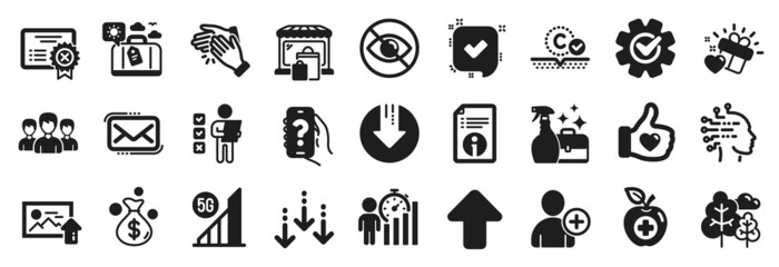 Set of Business icons, such as Clapping hands, Messenger mail, 5g wifi icons. Cleanser spray, Cogwheel, Help app signs. Reject certificate, Artificial intelligence, Tree. Add user, Market. Vector