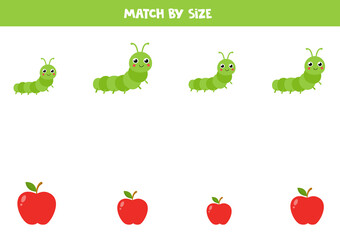 Matching game for preschool kids. Match caterpillars and apples by size.