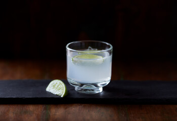 Gin and Tonic on dark background. Close up.