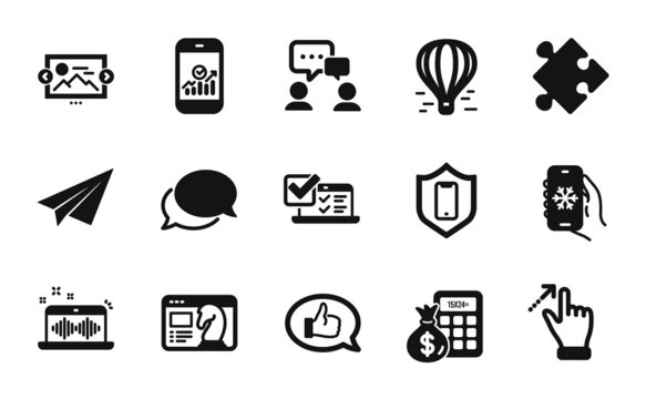 Vector set of Feedback, Air balloon and Touchscreen gesture icons simple set. Music making, Messenger and Air conditioning icons. Online survey, People chatting and Strategy signs. Vector