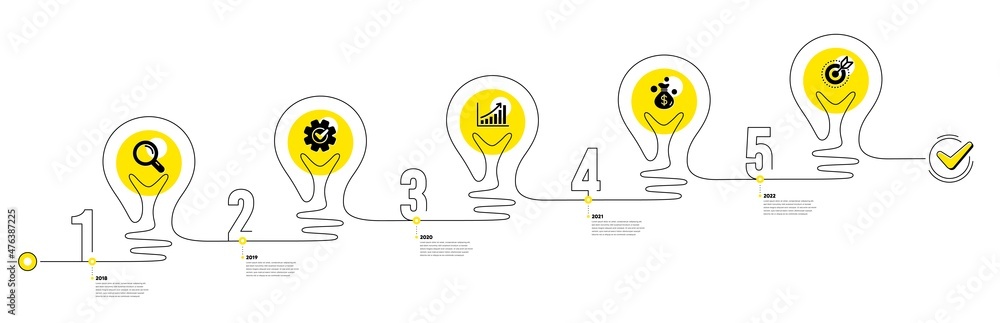 Poster lightbulb journey path infographics. business infographic timeline with 5 steps. workflow process di