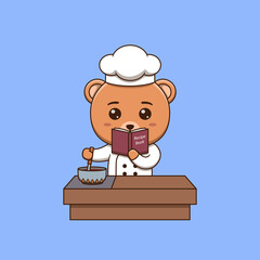 Cute bear chef cooking while looking at the recipe book