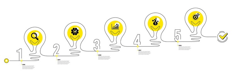 Lightbulb journey path infographics. Business Infographic timeline with 5 steps. Workflow process diagram with Research Idea, Data Analysis, Money earn and Goal target icons. Vector