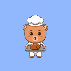 Cute bear chef holding a tray of roast chicken