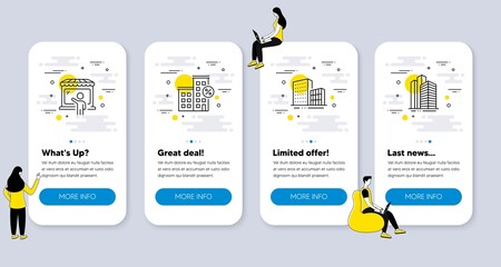 Set of Buildings icons, such as Loan house, Market seller, Buildings icons. UI phone app screens with people. Skyscraper buildings line symbols. Vector
