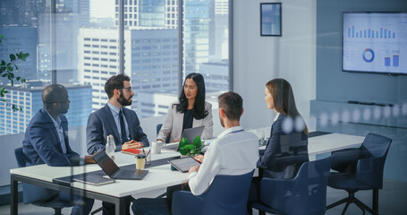 Modern Multi-Ethnic Office Conference Room Meeting: Diverse Team of Young Top Managers, Executives Talk, Brainstorm, Use Tablet. Smiling Businesspeople Discuss Investment Strategy in ecommerce Startup