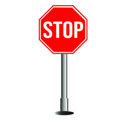 Stop sign board vector on red plavca, on realistic pedestal, fixing post on metallic gray. 