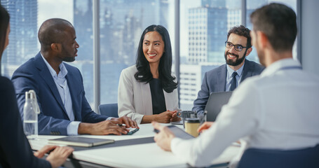 Multi-Ethnic Office Conference Room Meeting: Diverse Team of Top Managers, Executives, Share...
