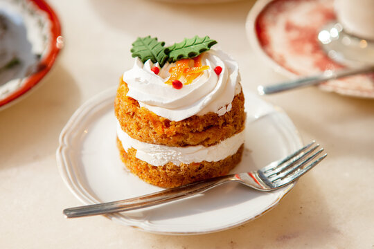 Christmas carrot cake on the table. Close up photo, selective focus. Holidays mood