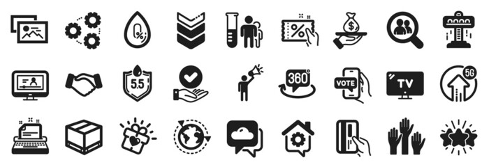 Set of Business icons, such as Approved checkbox, Medical analyzes, Photo album icons. Discount coupon, Search employees, Star signs. Voting hands, Love gift, Typewriter. Handshake, Gears. Vector