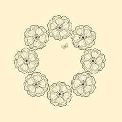 Vector wreath.  Anemones flowers in a wreath.  Drawing and sketch with linear art on a yellow background.