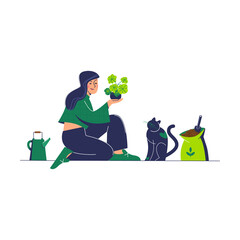 A woman transplants a plant.  The character is engaged in plant growing.  A man holds a flower pot in his hands.  Package with soil and scoop, watering can, house cat.  Flat style vector illustration.
