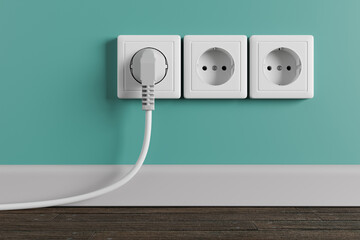 An electrical socket in the wall in the apartment of the house. - obrazy, fototapety, plakaty