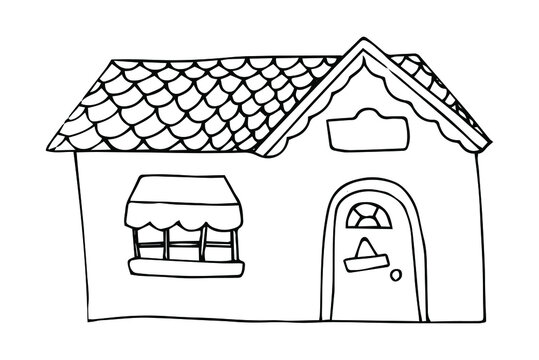 Hand drawn village house, single doodle element, picture for coloring.
