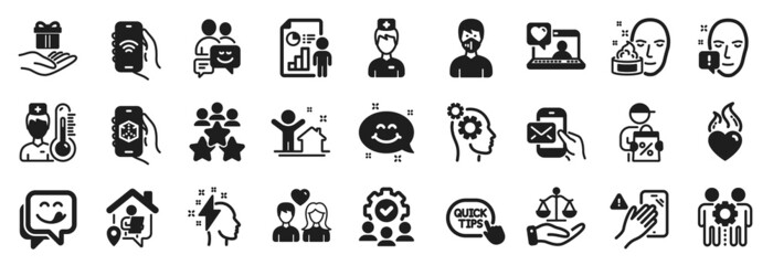 Set of People icons, such as Friends chat, Couple love, Teamwork icons. Communication, Thoughts, Business report signs. Medical mask, Face attention, Quick tips. Face cream, 3d app, Doctor. Vector