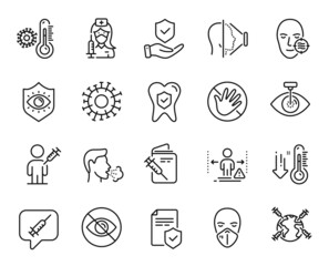 Vector set of Insurance policy, People vaccination and Medical mask line icons set. Vaccination, Social distance and Dental insurance icons. Thermometer, Eye protection and Cough signs. Vector