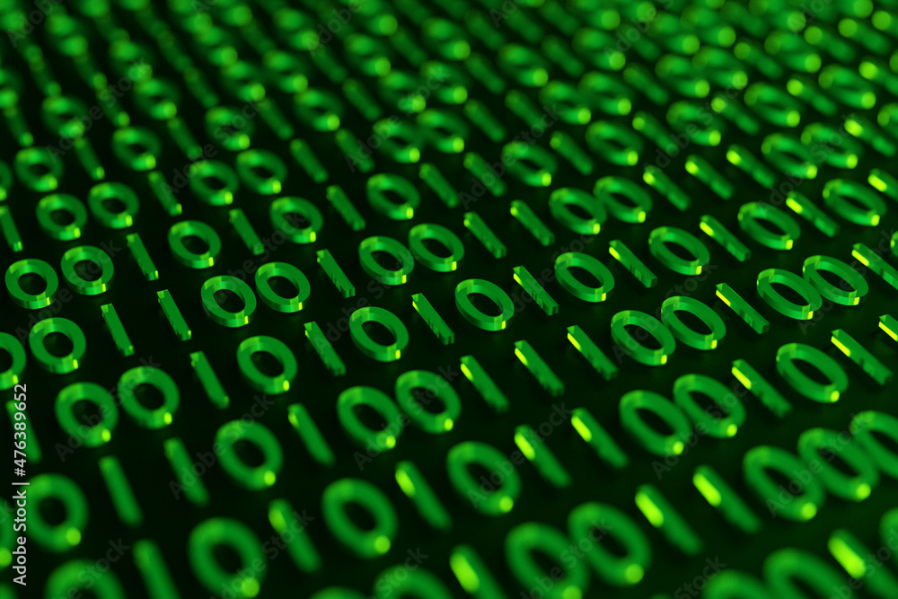 Poster 3d illustration of background in a green matrix style. falling random numbers.