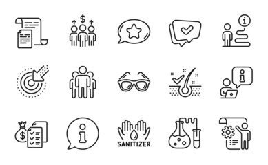 Line icons set. Included icon as Settings blueprint, Approved, Anti-dandruff flakes signs. Documents, Accounting wealth, Chemistry lab symbols. Group, Favorite chat, Sunglasses. Meeting. Vector