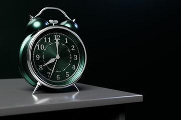 An green vintage alarm clock standing on the floor with a bright black background. 3d render illustration