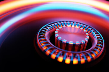 3D illustration of technological circle similar to the burners on a black background. Simple geometric shapes