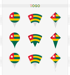 Togo flag, set of location pin icons of Togo flag.
