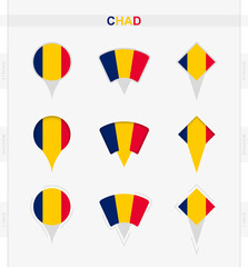 Chad flag, set of location pin icons of Chad flag.