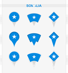 Somalia flag, set of location pin icons of Somalia flag.