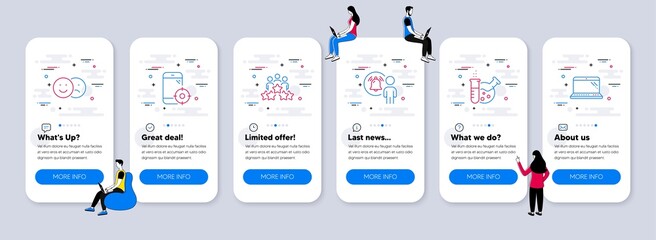 Business icons set. UI phone app screens with teamwork. Included icon as Like, Business meeting, Chemistry lab signs. User notification, Seo phone, Laptop line icons. Vector