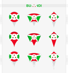 Burundi flag, set of location pin icons of Burundi flag.