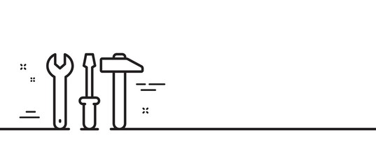 Spanner, hammer and screwdriver line icon. Repair service sign. Fix instruments symbol. Minimal line illustration background. Spanner tool line icon pattern banner. White web template concept. Vector