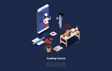 Cooking Study Courses Vector Illustration In Cartoon 3D Style On Dark Background. Conceptual Isometric Design With Characters And Writings. Internet Learn, Household Keeping, Chef Cook Profession