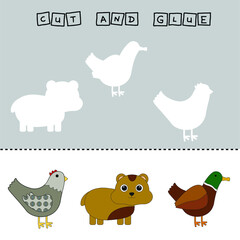 Developing an activity for children, the task is to cut and glue a piece on colorful cute chicken,hamster,duck. Logic game for children.