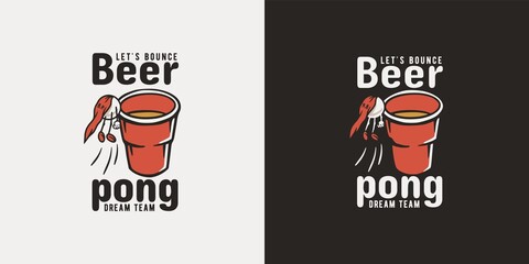 Beer pong game. T-shirt print with beer flying ball man for design competition or tournament in bar. Alcohol sport with throw and drink. College challenge with booze