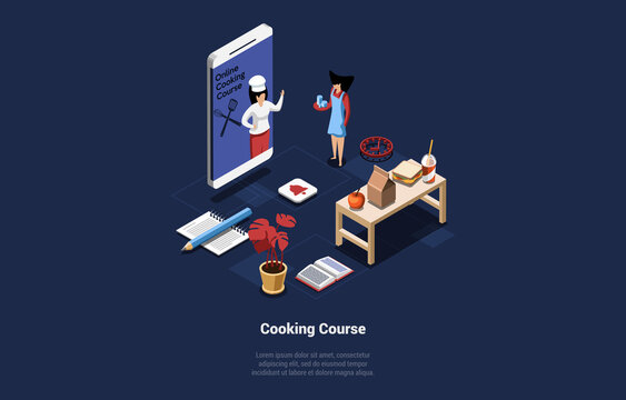 Cooking Study Courses Vector Illustration In Cartoon 3D Style On Dark Background. Conceptual Isometric Design With Characters And Writings. Internet Learn, Household Keeping, Chef Cook Profession