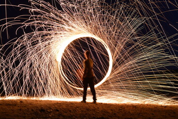 Iron wool circle drawing light fireworks. Burning Steel Wool spinning, Trajectories of burning...