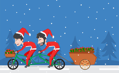 Simple illustration of two boys with Santa Claus costume and riding tandem bike and bring some gift in the snowy road