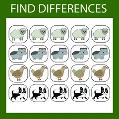 Fotobehang Developing activity for children - find the difference. Logic game for children. Find an extra pets sheeps, hamsters, chickens, dogs © Виталий Сова