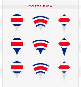 Costa Rica flag, set of location pin icons of Costa Rica flag.