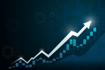 arrows and candlestick chart business of stock market trading on blue background bullish point up trend chart Economic vector design. blue background