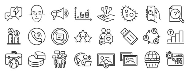 Set of Technology icons, such as Search document, Call center, Teamwork icons. Usb flash, Photo album, Stop talking signs. Graph chart, Lightning bolt, Businessman case. Dot plot, Bacteria. Vector
