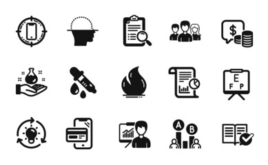 Vector set of Online shopping, Approved documentation and Coins icons simple set. Search analysis, Chemistry pipette and Report icons. Face scanning, Fire energy and Smartphone target signs. Vector