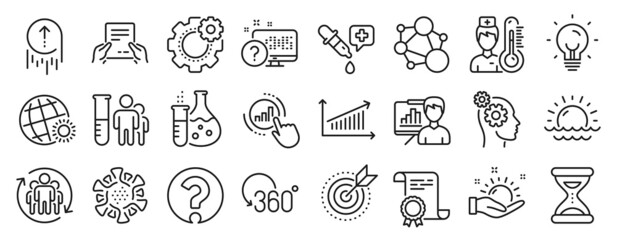 Fototapeta na wymiar Set of Science icons, such as Question mark, Chemistry pipette, World weather icons. Swipe up, Presentation board, Online quiz signs. Sunset, Time, Energy. Graph chart, Coronavirus, Chart. Vector