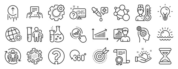 Set of Science icons, such as Question mark, Chemistry pipette, World weather icons. Swipe up, Presentation board, Online quiz signs. Sunset, Time, Energy. Graph chart, Coronavirus, Chart. Vector