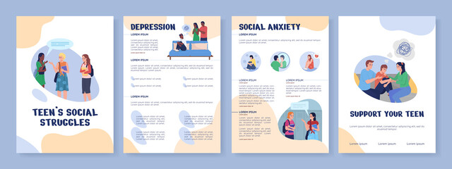 Fototapeta Teens social struggles flat vector brochure template. Flyer, booklet, printable leaflet design with flat illustrations. Magazine page, cartoon reports, infographic posters with text space obraz